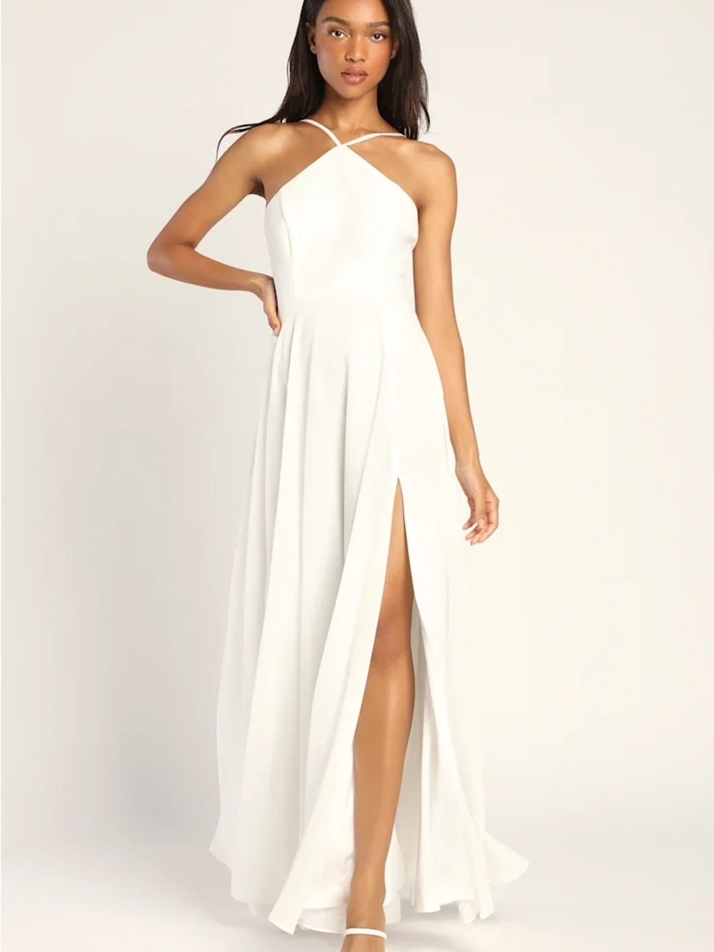 Lulu's Ivory Crisscross Halter Maxi Dress with Front Thigh Slit